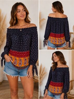 BeachLunchLounge Boho Off Shoulder Peasant Top Petite Small Paisley Tie Sleeve